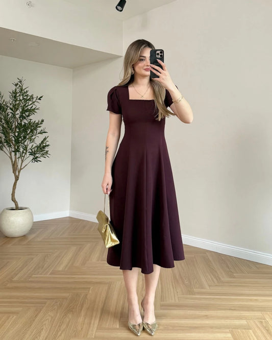 Kare Yaka Kol Detaylı Midi Elbise - Bordo
