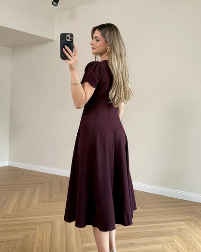 Kare Yaka Kol Detaylı Midi Elbise - Bordo