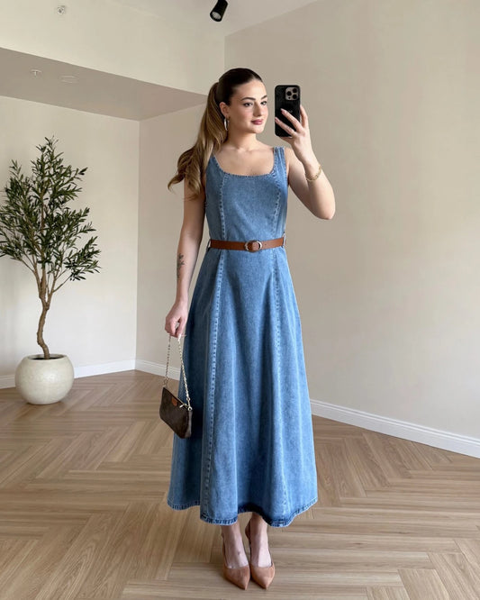 Kemerli Denim Elbise - Açık Mavi