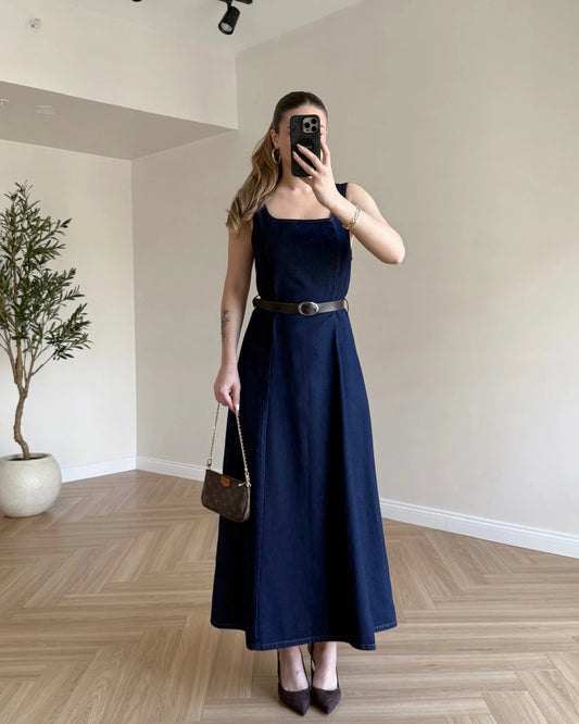Kemerli Denim Elbise - Koyu Mavi