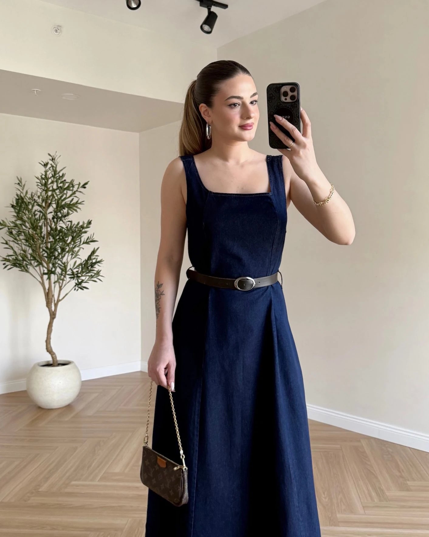 Kemerli Denim Elbise - Koyu Mavi