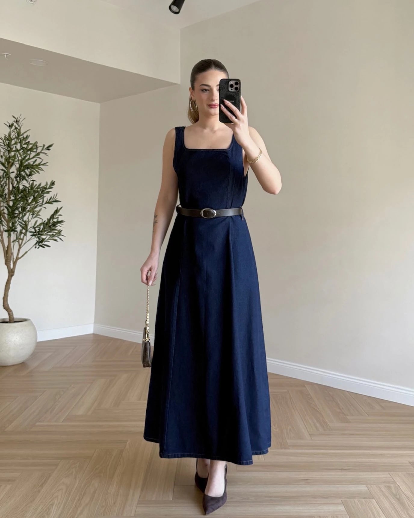 Kemerli Denim Elbise - Koyu Mavi