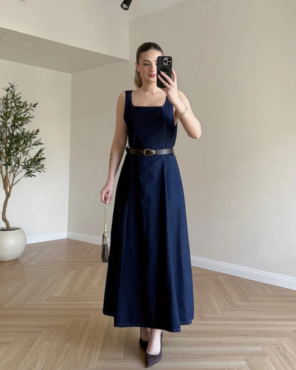 Kemerli Denim Elbise - Koyu Mavi