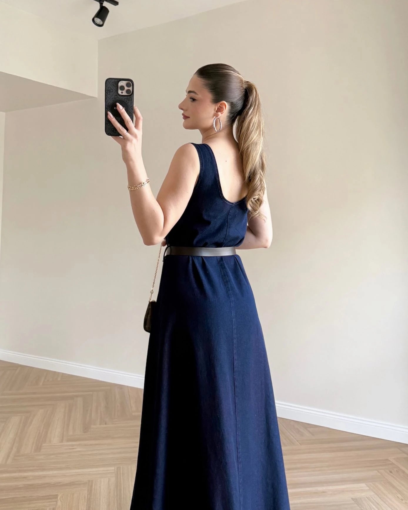 Kemerli Denim Elbise - Koyu Mavi