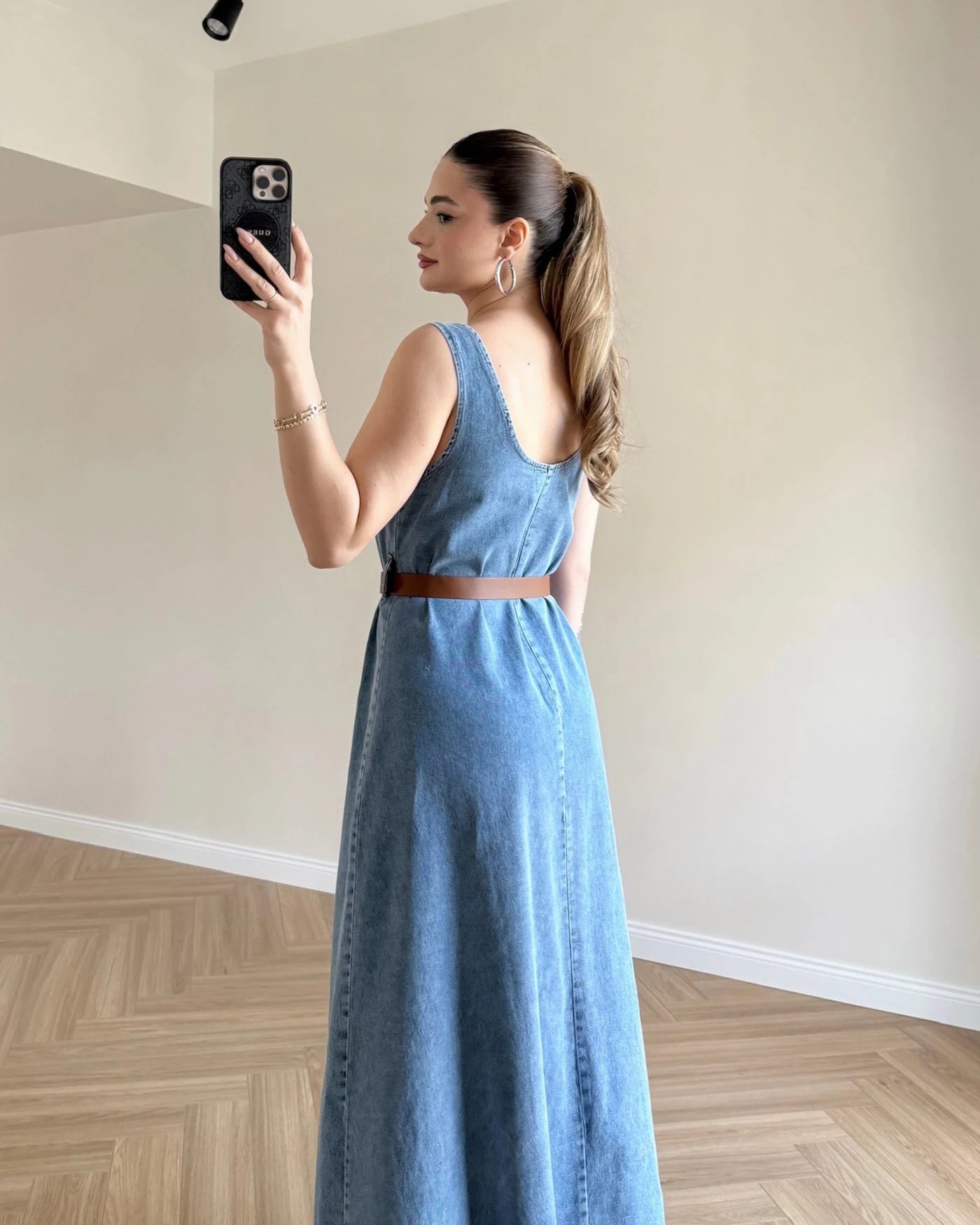 Kemerli Denim Elbise - Açık Mavi