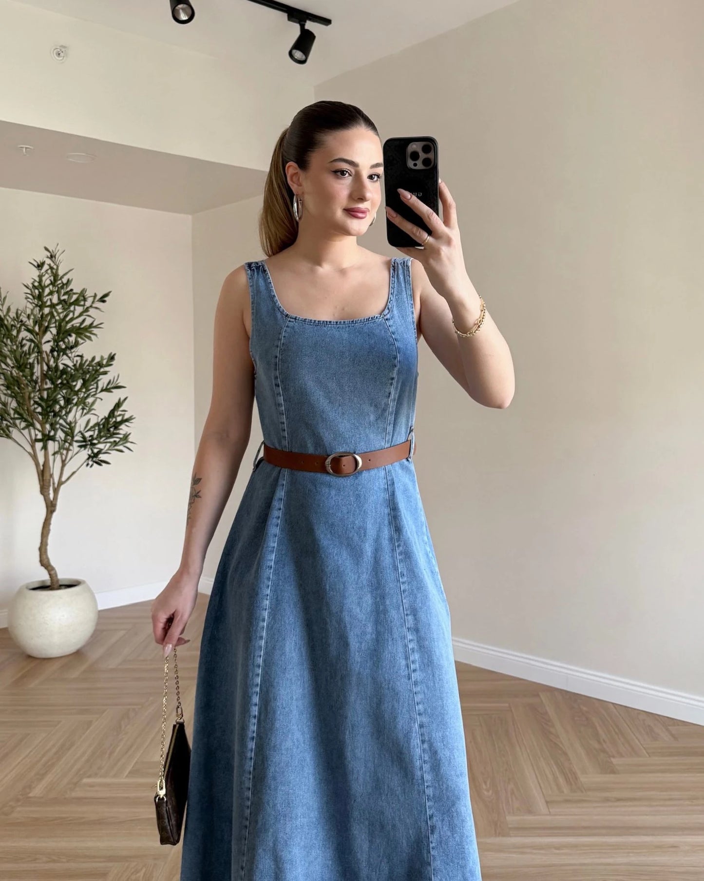 Kemerli Denim Elbise - Açık Mavi