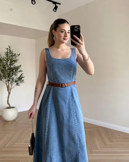 Kemerli Denim Elbise - Açık Mavi
