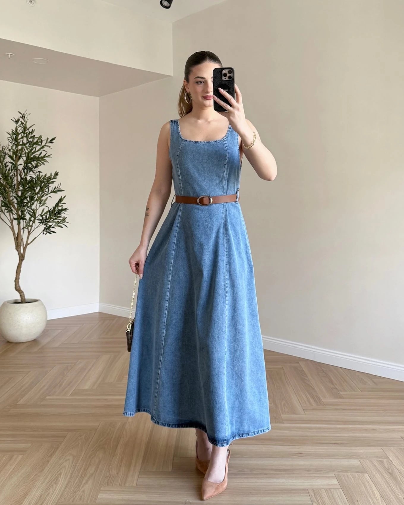 Kemerli Denim Elbise - Açık Mavi