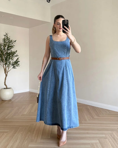 Kemerli Denim Elbise - Açık Mavi