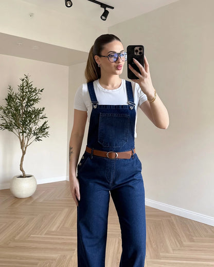 Kemerli Denim Salopet - Koyu Mavi