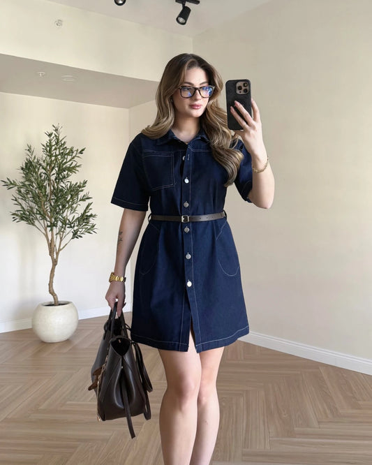 Kemerli Mini Denim Elbise - Lacivert