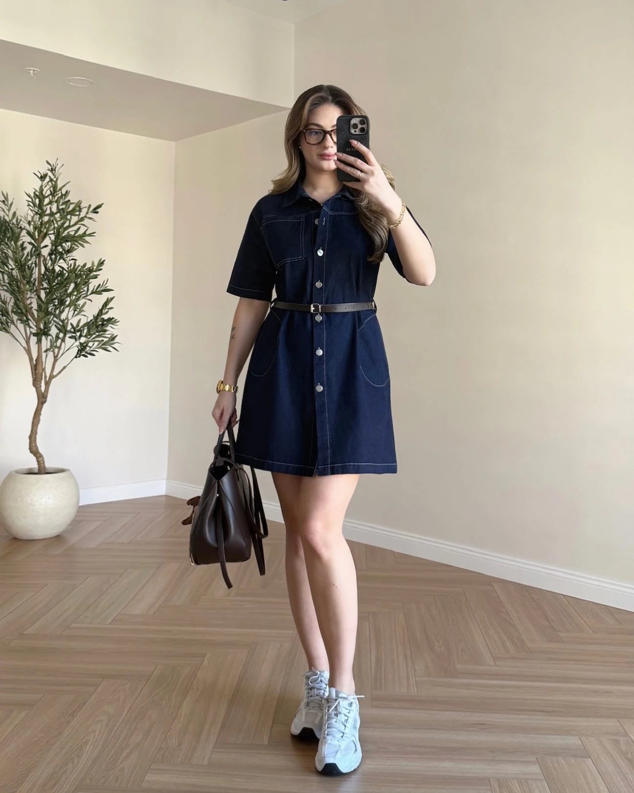 Kemerli Mini Denim Elbise - Lacivert