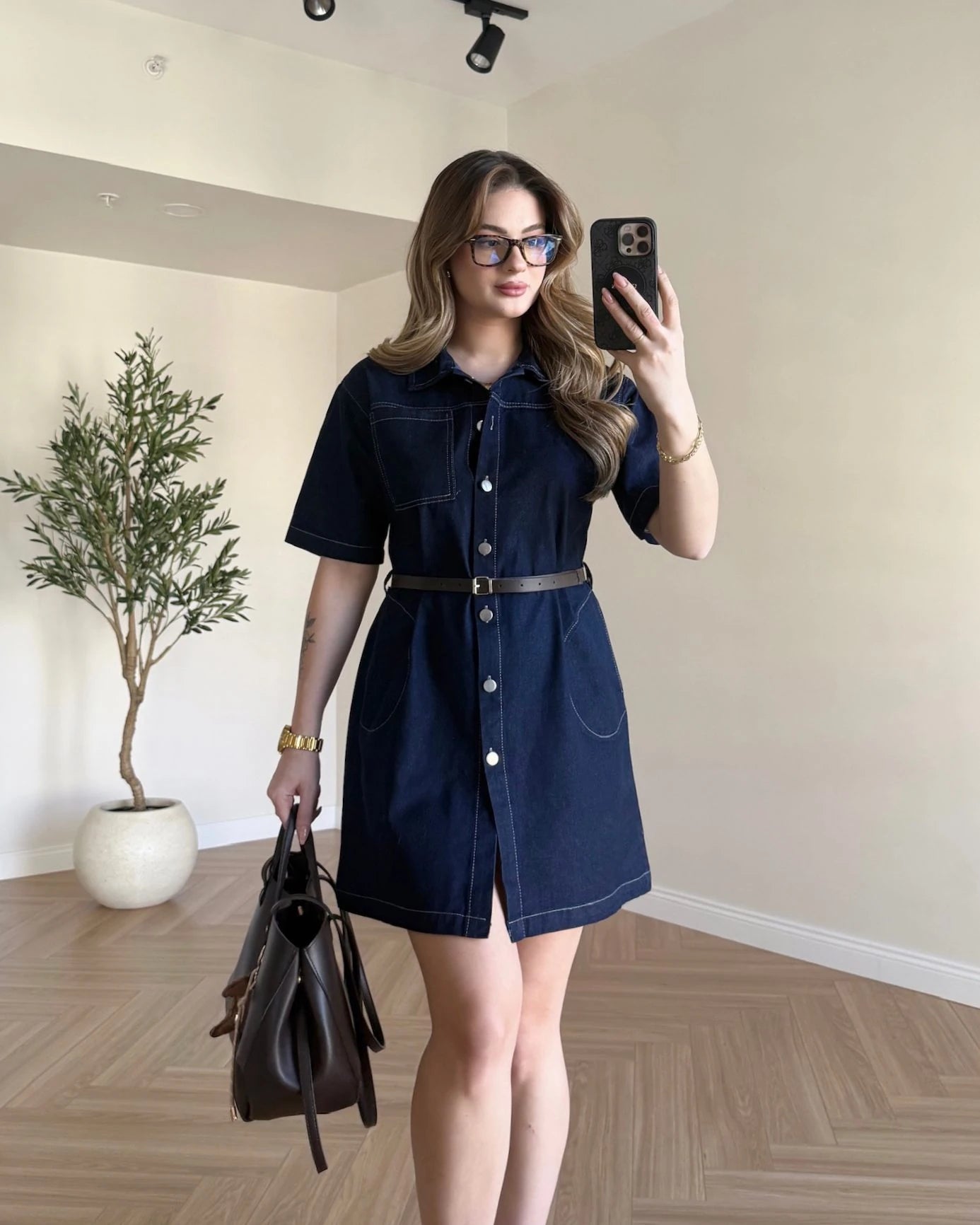 Kemerli Mini Denim Elbise - Lacivert