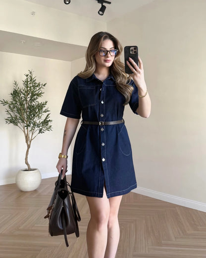Kemerli Mini Denim Elbise - Lacivert