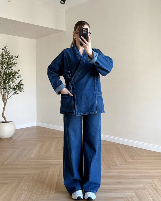 Kimonolu Denim Takım - Koyu Mavi