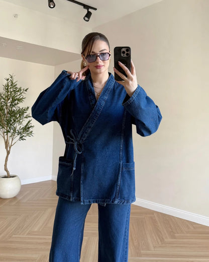 Kimonolu Denim Takım - Koyu Mavi