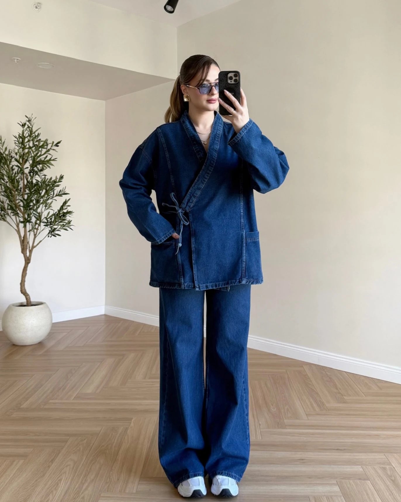 Kimonolu Denim Takım - Koyu Mavi