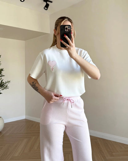 Kısa Kol Kalp Logolu İkili Takım - Pembe
