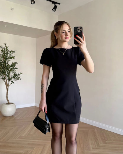 Kısa Kol Mini Elbise - Siyah
