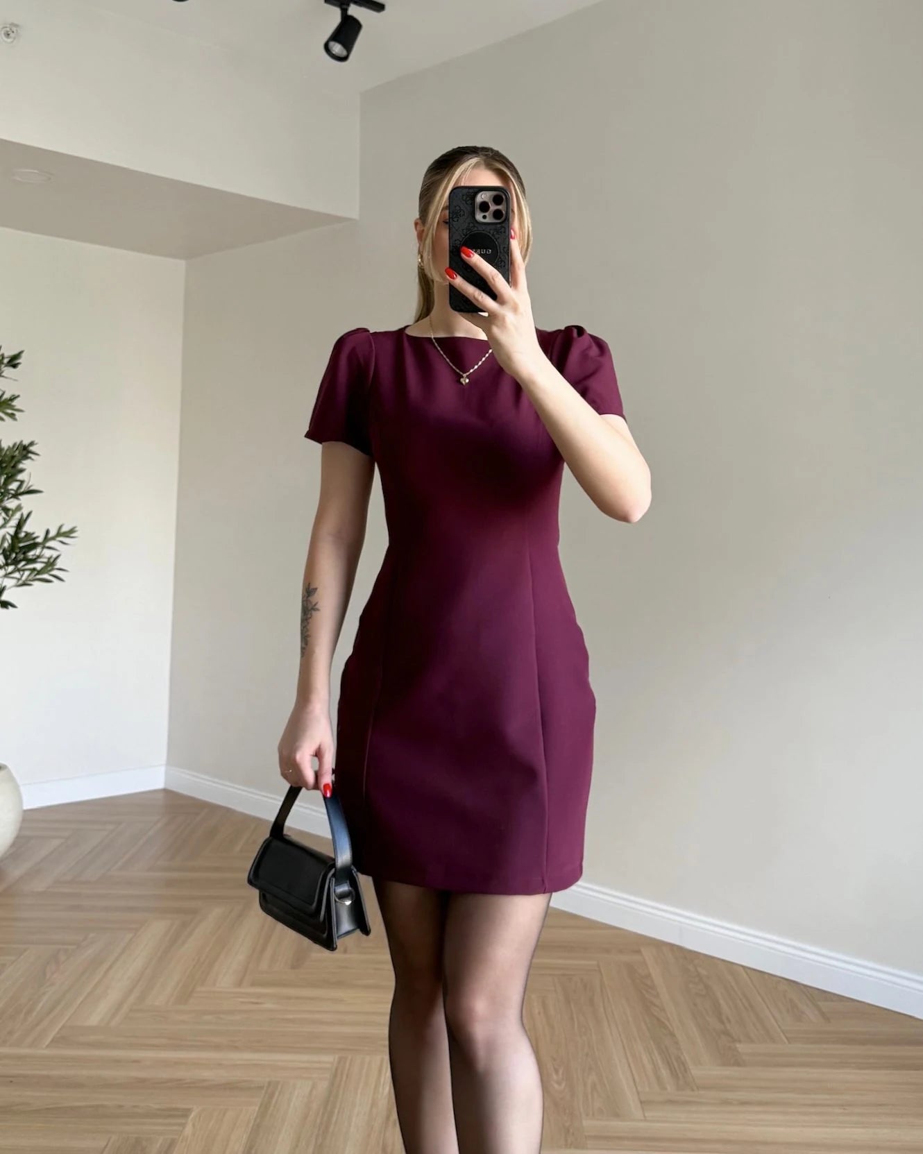 Kısa Kol Mini Elbise - Bordo