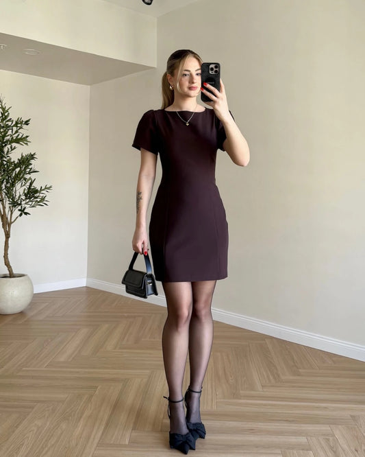 Kısa Kol Mini Elbise - Kahve