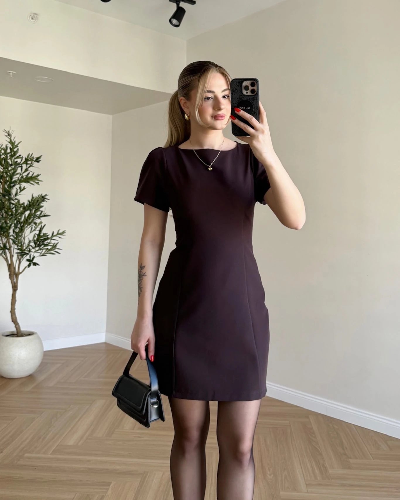 Kısa Kol Mini Elbise - Kahve