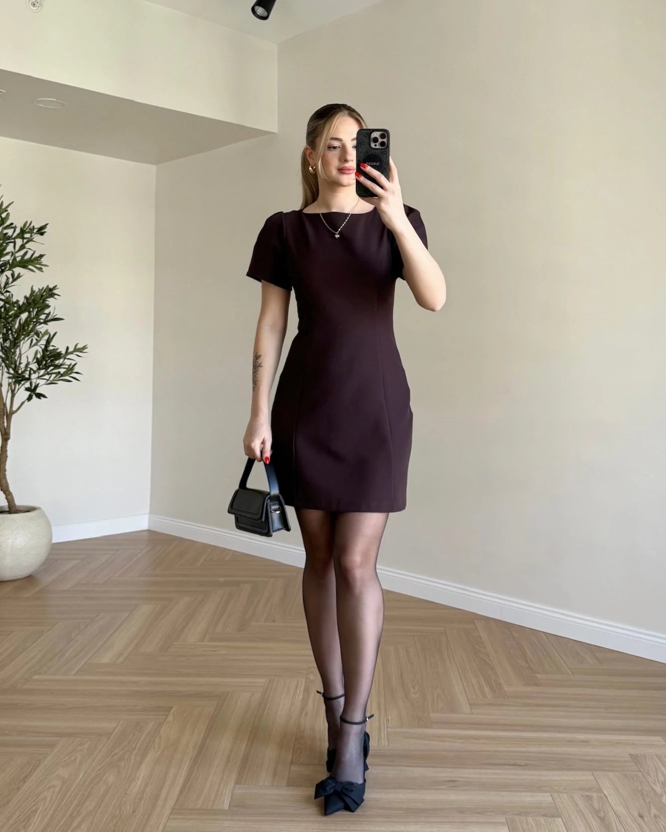 Kısa Kol Mini Elbise - Kahve