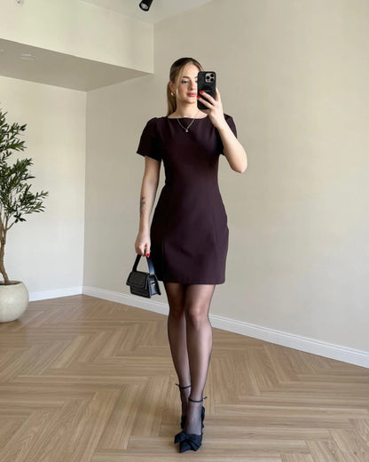 Kısa Kol Mini Elbise - Kahve