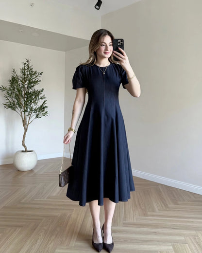Kloş Etekli Kısa Kol Denim Elbise - Lacivert