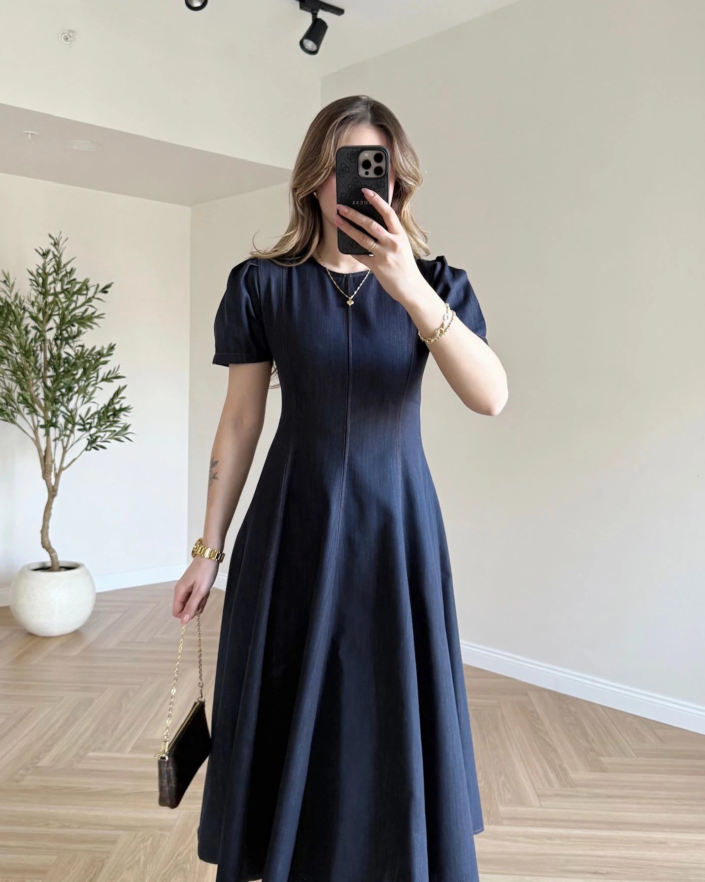 Kloş Etekli Kısa Kol Denim Elbise - Lacivert