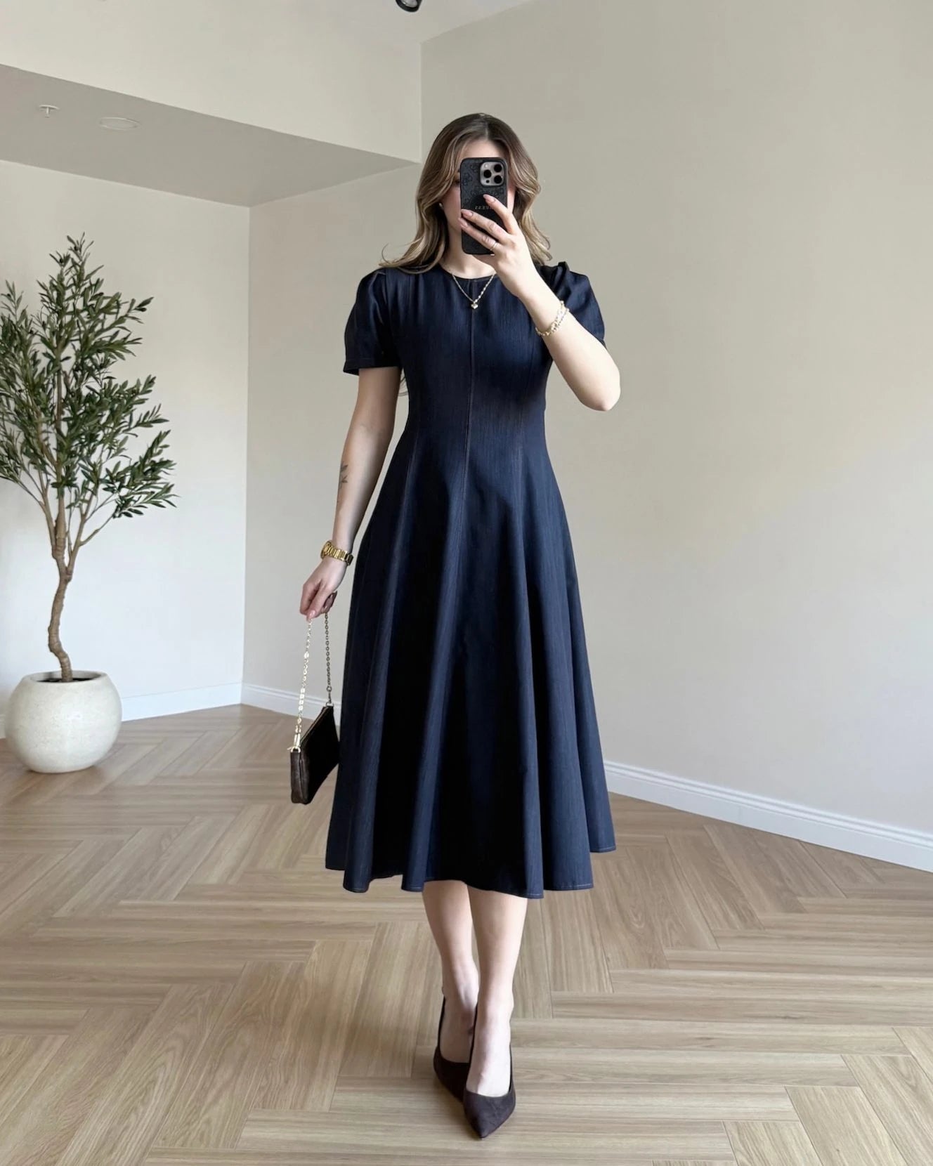 Kloş Etekli Kısa Kol Denim Elbise - Lacivert
