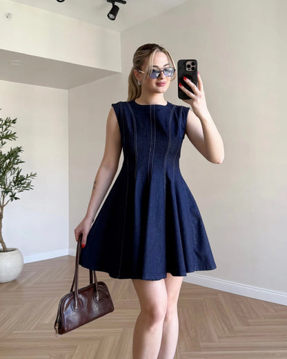 Kloş Etekli Mini Denim Elbise - Koyu Mavi
