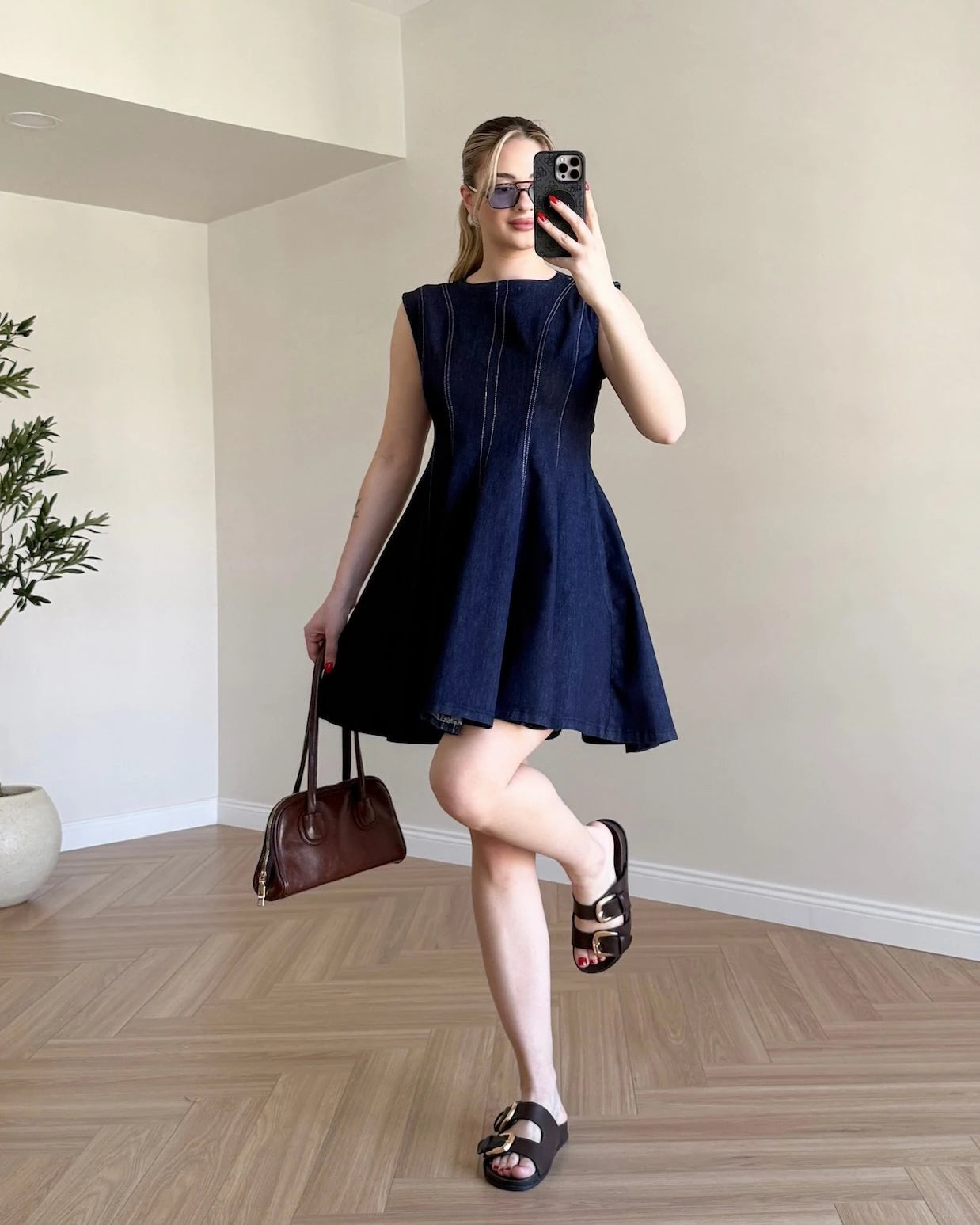 Kloş Etekli Mini Denim Elbise - Koyu Mavi