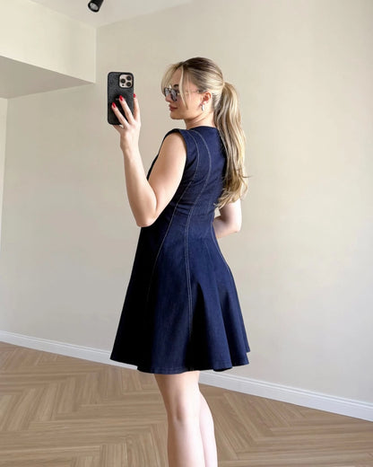 Kloş Etekli Mini Denim Elbise - Koyu Mavi