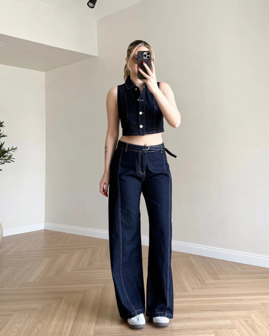 Kontrast Dikişli Crop Denim Takım - Koyu Mavi