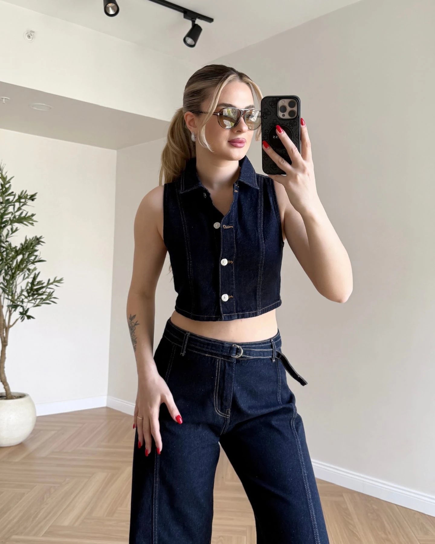 Kontrast Dikişli Crop Denim Takım - Koyu Mavi