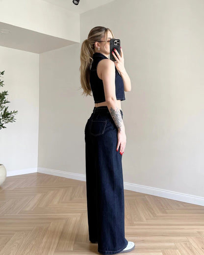 Kontrast Dikişli Crop Denim Takım - Koyu Mavi