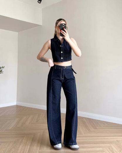 Kontrast Dikişli Crop Denim Takım - Koyu Mavi