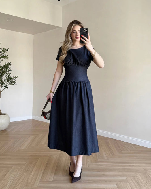Korse Detay Denim Elbise - Lacivert