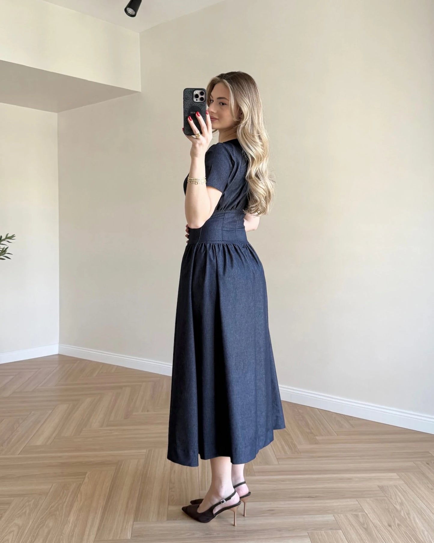 Korse Detay Denim Elbise - Lacivert