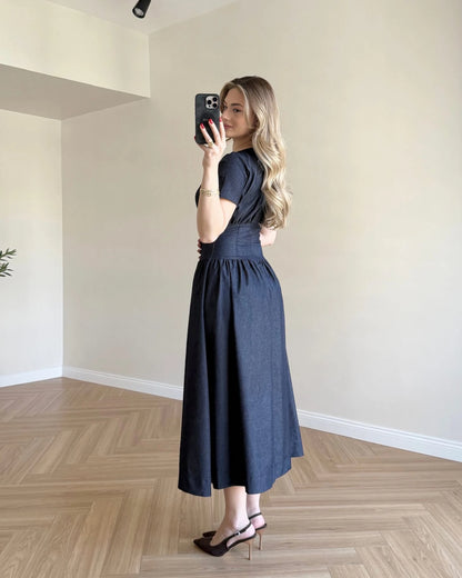 Korse Detay Denim Elbise - Lacivert