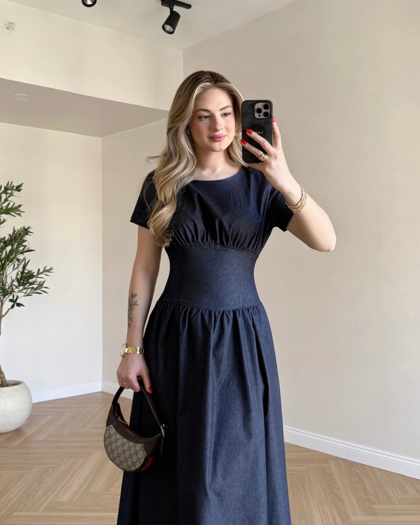 Korse Detay Denim Elbise - Lacivert