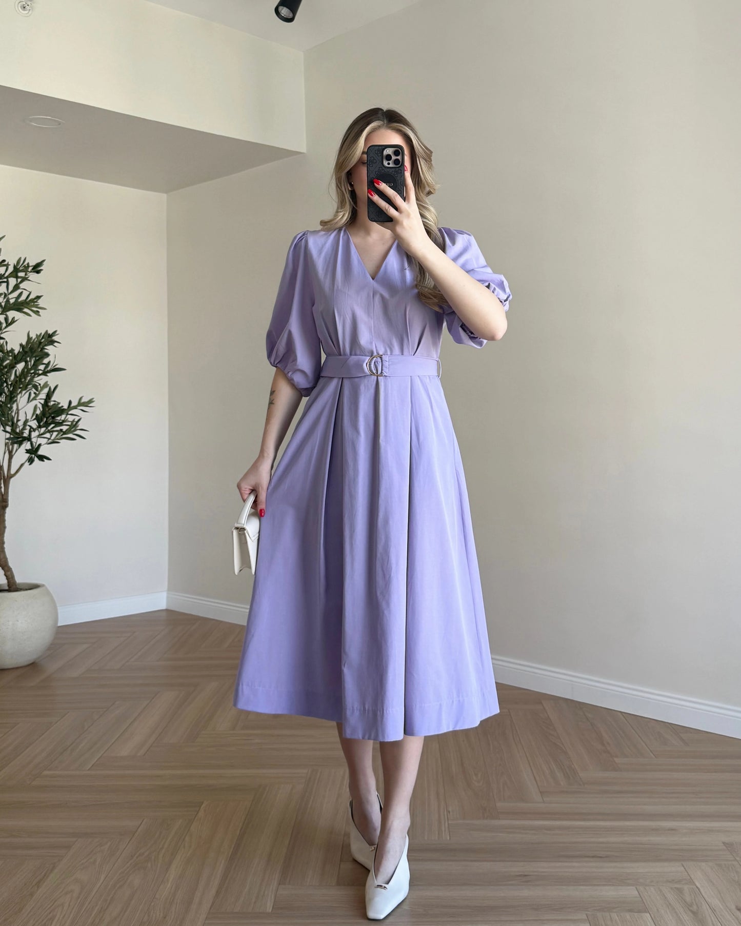 Kruvaze Yaka Kemerli Poplin Elbise - Lila