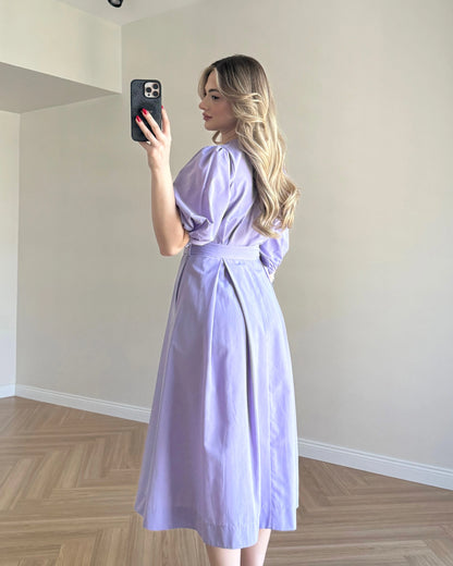 Kruvaze Yaka Kemerli Poplin Elbise - Lila