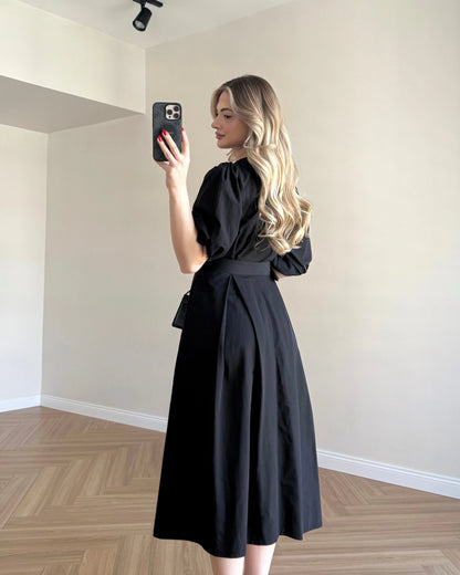 Kruvaze Yaka Kemerli Poplin Elbise - Siyah
