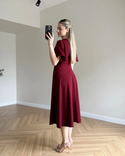 Kruvaze Yaka Kol Volanlı Elbise - Bordo