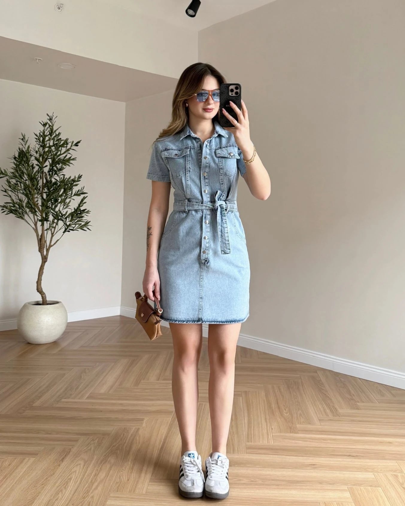 Kuşaklı Mini Denim Elbise - Kar Yıkama