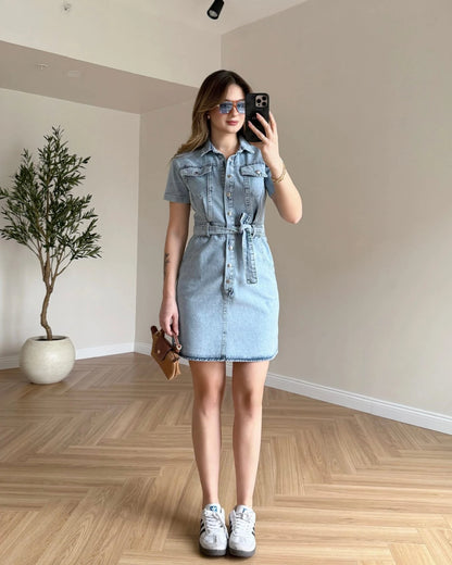 Kuşaklı Mini Denim Elbise - Kar Yıkama