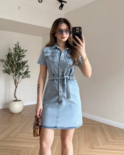 Kuşaklı Mini Denim Elbise - Kar Yıkama