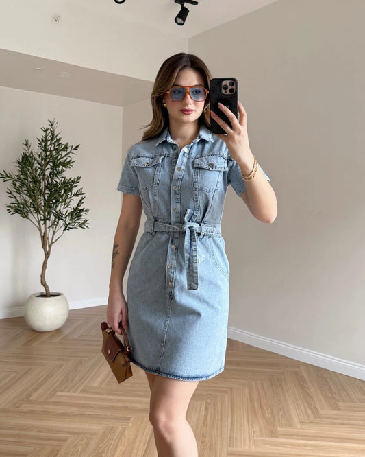 Kuşaklı Mini Denim Elbise - Kar Yıkama